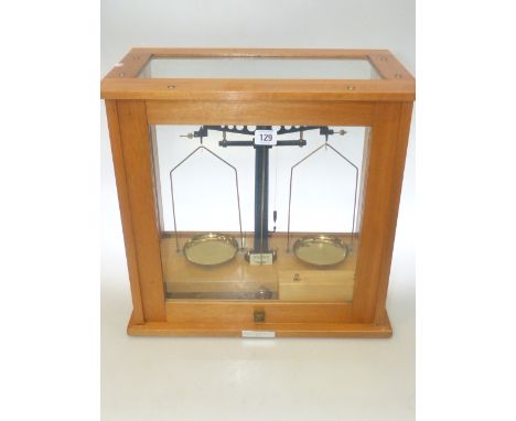 Philip Harris Ltd balance scales and weights in glazed case