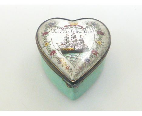 Enamel heart shaped patch box with image of three masted sailing ship 'Success to Fleet'