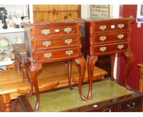 Pair mahogany three drawer pedestal chests on cabriole legs