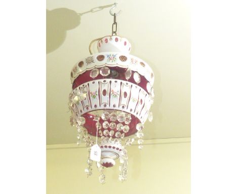 Overlay ruby and floral decorated glass ceiling light fitting