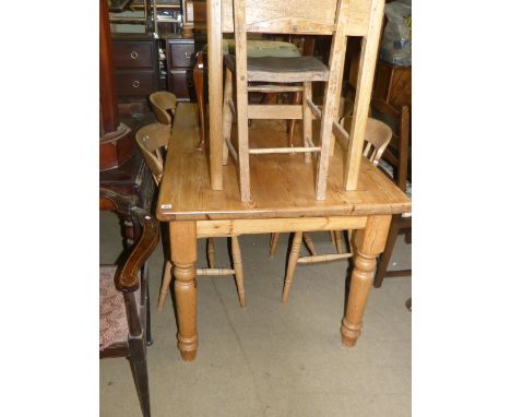 Rectangular pine farmhouse style kitchen table, four beech farmhouse style chairs and three drawer pine pedestal chest (6)