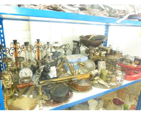 Two sets of scales, candelabra, collection of brass and silver plated wares, etc