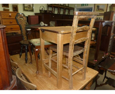 Child's school desk and chair, cabriole leg stool, sewing chair and Italian style tripod occasional table (5)
