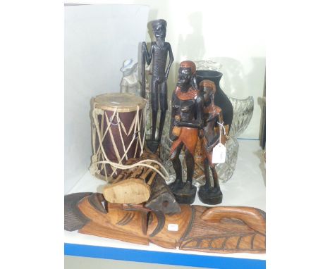 African carvings, glass basket and bowl, figure, Prague print and rushes