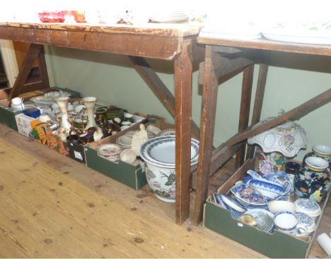 Five boxes of china including Johnson's and Meakin dinnerware, teawares, floral encrusted lamp, pair of Oriental vases, fish 