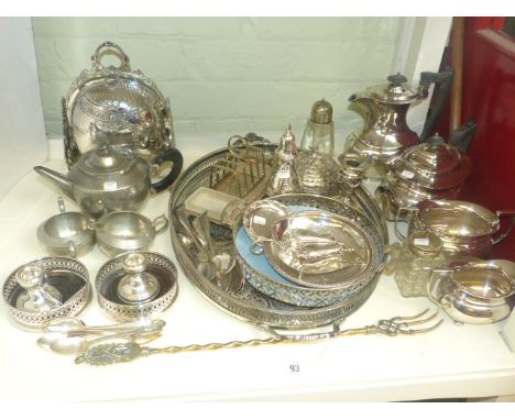 Silver plated tea service, pewter tea service, muffin dish,, pair of silver dwarf candlesticks and silver plated ware, etc
