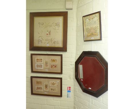 Three framed souvenir silks, sampler print and octagonal oak framed mirror (5)