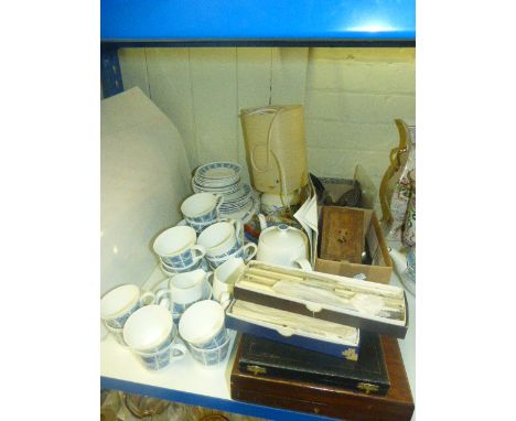 Royal Tuscan 'Charade' tea and dinnerware, Poole table lamp, silver spoons, autographed Len Hutton postcard, boxed and loose 