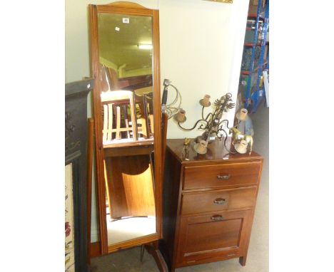 Pine framed cheval mirror, mahogany pedestal cabinet, brass five branch chandelier, two brass horses and ornamental sword (6)