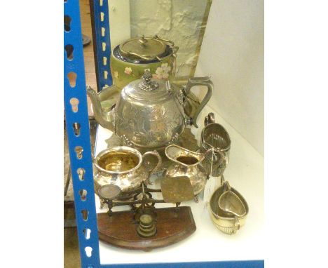 Postal scales and weights, silver plated ware, painted pottery biscuit barrel
