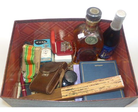 Bottle of Cardhu single malt whisky, Courage anniversary ale, silver ingot and chain, two rings, wristwatches, camera, etc