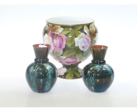 Polish china floral design vase and pair of small Linthorpe pottery vases