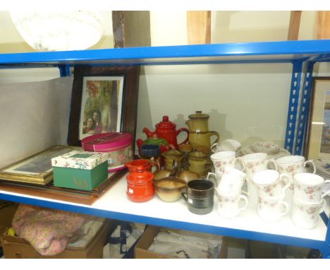 'Duchess June Bouquet' tea and dinnerware, Studio pottery, Royal Albert cup and saucers, prints, lamp shade, etc