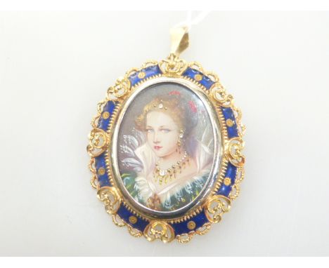 18ct gold mounted oval hand painted portrait brooch