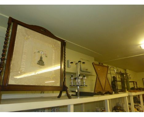 Two firescreens, mirrors, pictures, optic stand, candelabra, figure lamp, stool, pair of figures, etc