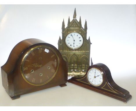 Brass Cathedral style mantel clock and two wood mantel clocks