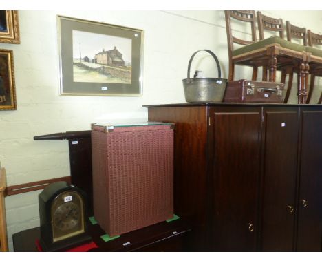 Lloyd loom linen bin, domed mantel clock, vintage case, brass jam pan and farmhouse print (5)