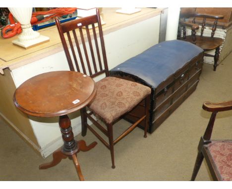 19th Century circular mahogany tripod occasional table, rail back side chair, canvas bound dome topped trunk and elm smokers 