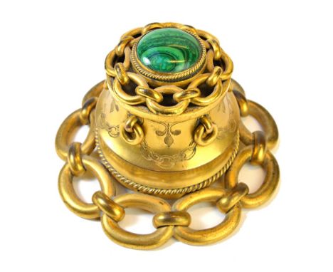 A Continental gilt brass inkwell, early 20th century, the hinged lid inset with a malachite roundel within a chain link borde