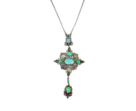 A silver, opal and cabochon coloured gemstone set pendant necklace, in a quatrefoil shaped design mounted with the principle 