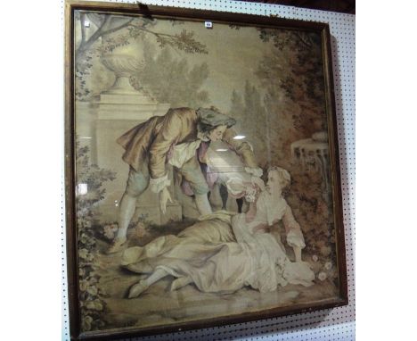 A large 19th century panel- painted on material to simulate a tapestry depicting lovers, together with a similar smaller depi