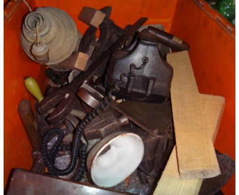 A quantity of collectable tools, including a sock making machine, spanners and sundry.