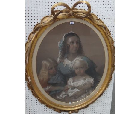 Circle of George Richmond, Group portrait of Mrs Francis Fuller with her children Herbert and Ella, pastel, oval, 84cm x 68.5