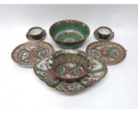 A group of Canton famille-rose porcelain, 19th century, painted with figurative panels, birds and flowers, comprising; a pier