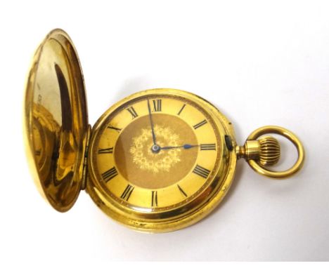 A gold cased keyless wind, hunting cased dress watch, the jewelled lever movement detailed, Record Watch Co, Geneve, the deco