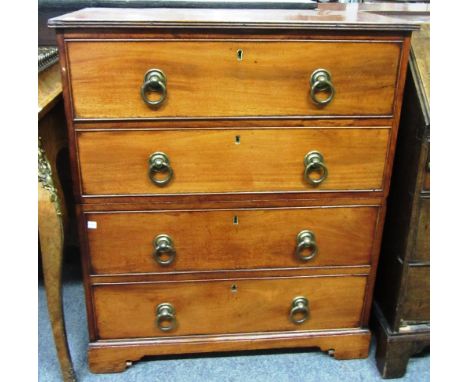 A small 19th century mahogany two part chest of four long drawers on shaped bracket feet, 76cm wide. 