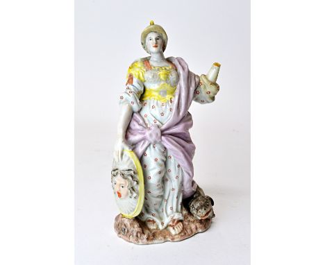 A rare Plymouth porcelain figure of Minerva, circa 1770, the goddess modelled standing with a dragon at her side, wearing a h