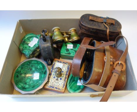 A quantity of collectables, including; three pairs of opera glasses, a further green gilt enamel pair, a brass and cloisonné 