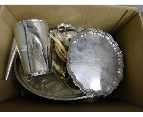 A quantity of assorted silver plate to include; glass spirit flask, cocktail shaker, trays, Old Sheffield Plate coffee pot et