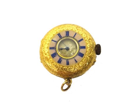 A lady's gold cased and enamelled half hunting cased fob watch, converted for wear as a pendant watch, with a gilt cylinder m