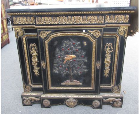 A 19th century gilt metal mounted brass inlaid hard stone applied slate top breakfront single door side cabinet, on shaped pl