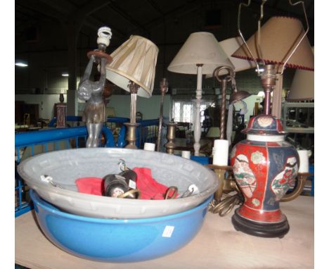 A quantity of collectables, including a chandelier, candlesticks, an Art Deco style figural lamp and sundry.
