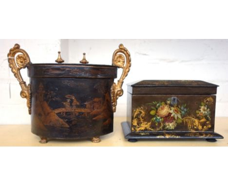 A Regency gilt metal mounted tôle tea caddy, early 19th century, of oval form with a gilt painted chinoiserie landscape, gilt