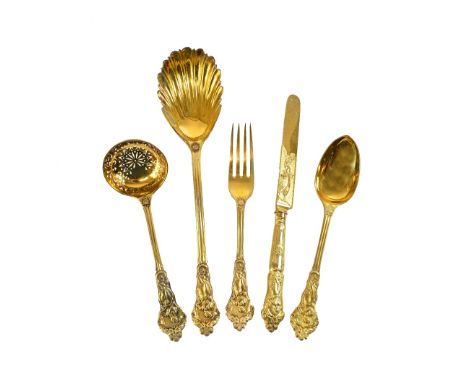 A rare and extensive Victorian parcel gilt flatware dessert service for eighteen settings in the Canova pattern, London 1856 