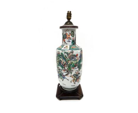 A Chinese famille-verte rouleau vase, late 19th century, painted with a continuous battle scene, the shoulders reserved with 