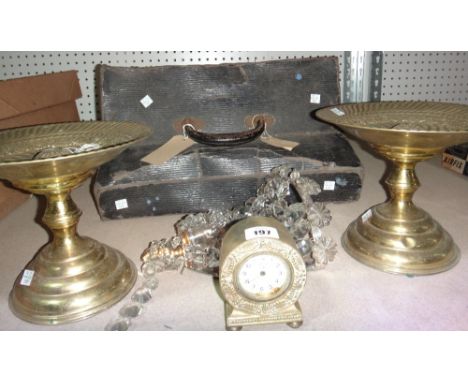 An early 20th century cased accordion, a metal and cut glass wall light, two brass pedestal bowls and sundry. 