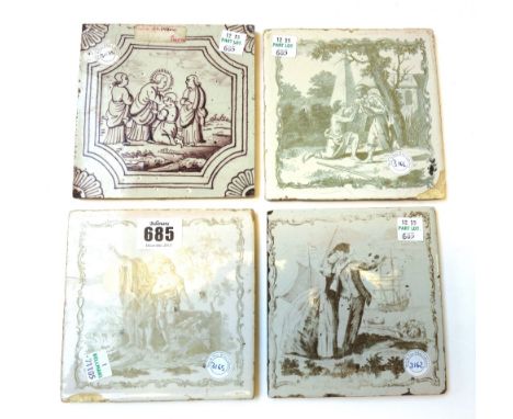 Three Liverpool delftware tiles, circa 1760-70, each printed in black by Sadler & Green with Abraham and Isaac, The Return of