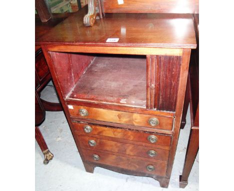 A made-up George III mahogany bedside table with tambour front sliding door above two drawers. 