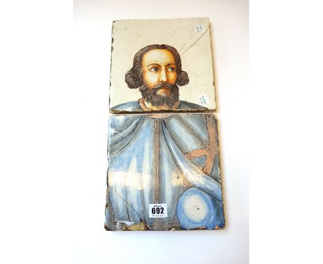 A tin glazed two tile panel, probably Spanish or Portuguese, late 18th century, painted with a head and shoulders portrait of
