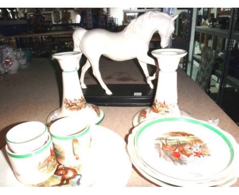 A group of Spode china decorated with hunting scenes and a Beswick horse and sundry pieces of Worcester and Doulton.