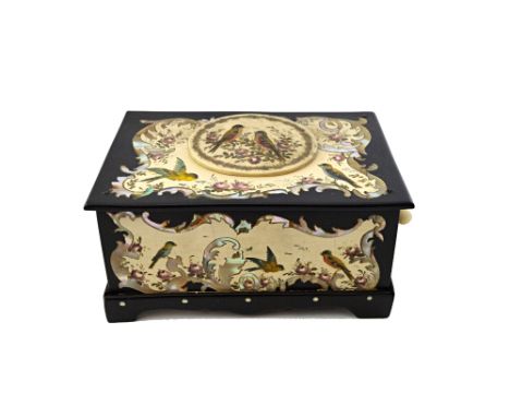 A Continental black lacquer, ivory and mother of pearl inlaid automation music box, 19th century, the oval hinged lid hand pa