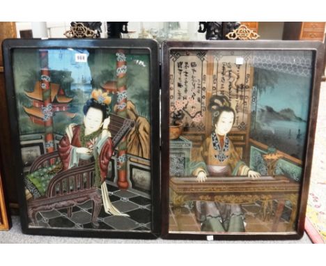 A pair of Chinese reverse glass paintings, 19th/20th century, each painted with a young woman seated on a balcony, one playin