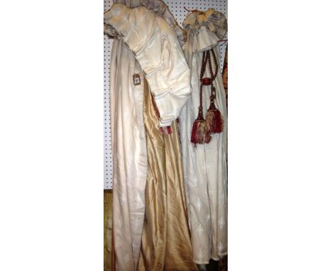 One pair of cream lined and interlined curtains with maroon and cream edging (117cm wide x 232cm long), together with one sin