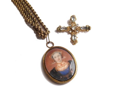 A gilt metal circular link long chain, with beaded decoration, on a cylindrical clasp, an oval portrait miniature, detailed t