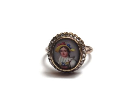 A gold, enamelled and rose diamond set ring, the central enamel depicting the portrait of a girl, probably Swiss, in a border