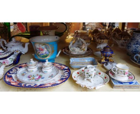 A quantity of ceramics, including; a Sevres style bleu celeste cache pot, three blue and white Delft tiles, a 19th century De